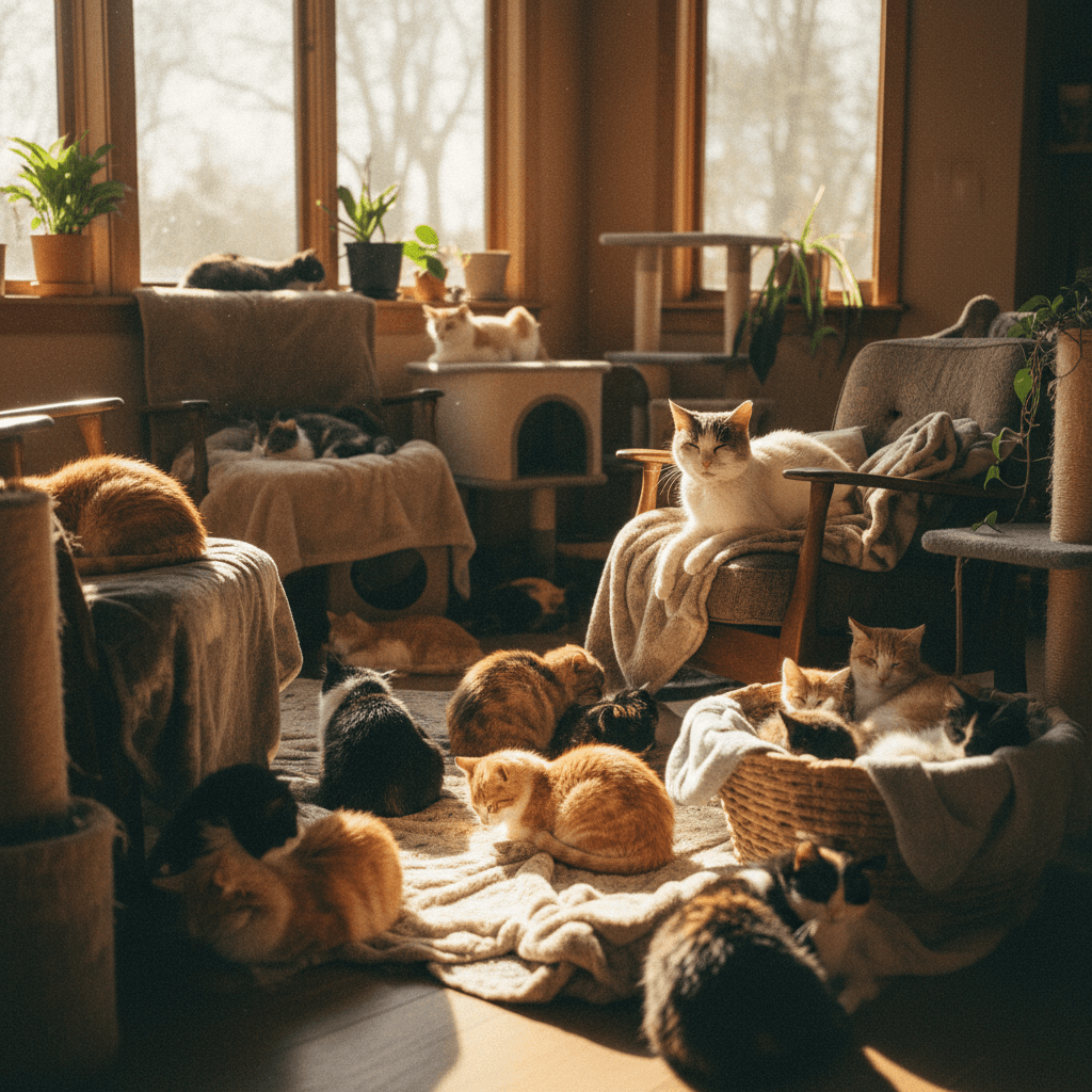 A retired cat resting in a sunny window at a NatCat Retirement Home